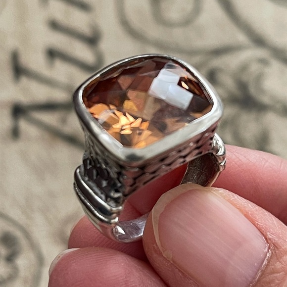 Cushion cut orange crystal sterling silver dot design heavy set size 6.0 ring - Picture 3 of 15